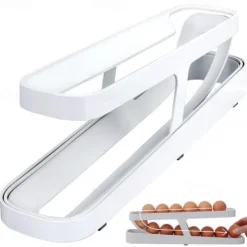 Egg Dispenser, Automatic Roll-on 2-Tiers Egg Trays, Egg Storage Box For Refrigerator, Plastic Egg Basket, Egg Fresh-Keeping Organizer, Kitchen Storage Accessories