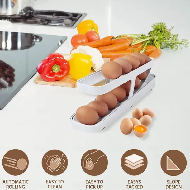 Egg Dispenser, Automatic Roll-on 2-Tiers Egg Trays, Egg Storage Box For Refrigerator, Plastic Egg Basket, Egg Fresh-Keeping Organizer, Kitchen Storage Accessories
