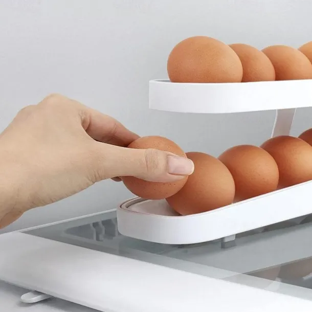 Egg Dispenser, Automatic Roll-on 2-Tiers Egg Trays, Egg Storage Box For Refrigerator, Plastic Egg Basket, Egg Fresh-Keeping Organizer, Kitchen Storage Accessories
