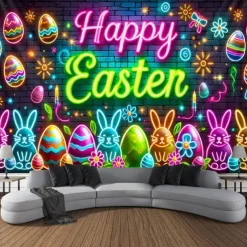 Eggs Blacklight Tapestry Glow in the Dark Glow Party UV Reactive Bunny Rabbit Trippy Misty Nature Landscape Hanging Tapestry Wall Art Mural for Living Room Bedroom