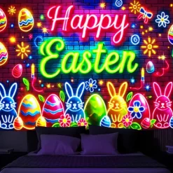 Eggs Blacklight Tapestry Glow in the Dark Glow Party UV Reactive Bunny Rabbit Trippy Misty Nature Landscape Hanging Tapestry Wall Art Mural for Living Room Bedroom