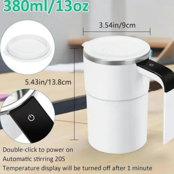 Electric Magnetic Mug Self Stirring Coffee Mug 13oz, Rechargeable Auto Mixing Mug with LED Temperature Display, SUS 304 Stainless Steel, Spill-Proof Lid, for Home, Office, Travel, Gift for Coffee Love