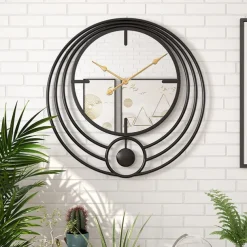 Electronic Wall Clock Large Wall Clock with Mirror Round Battery Operated Silent Quartz Movement Metal Wall Clock for Home Living Room Decor Gold Black 50cm