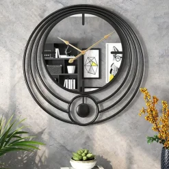 Electronic Wall Clock Large Wall Clock with Mirror Round Battery Operated Silent Quartz Movement Metal Wall Clock for Home Living Room Decor Gold Black 50cm