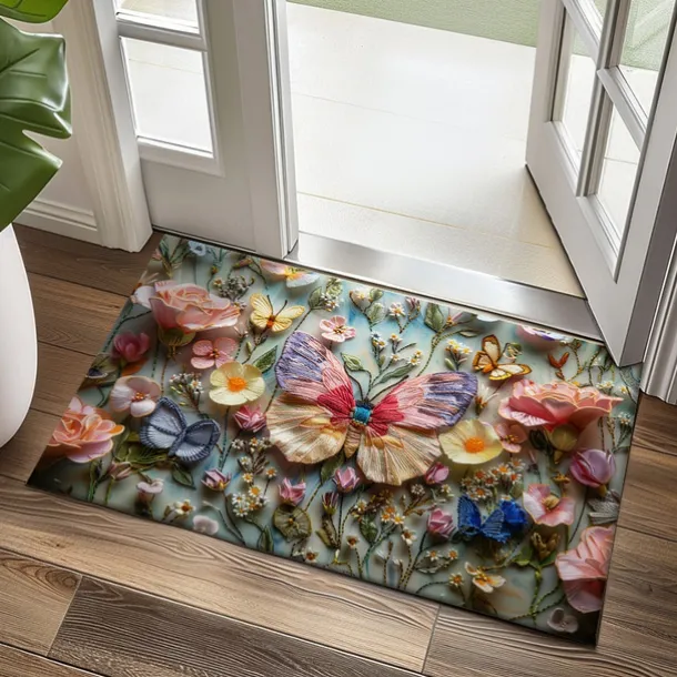 Embroidery Butterly Flowers Doormat Non-Slip Oil Proof Rug Indoor Outdoor Mat Bedroom Decor Bathroom Mat Entrance Rug Door Mat