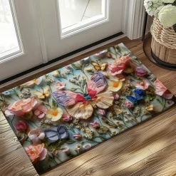 Embroidery Butterly Flowers Doormat Non-Slip Oil Proof Rug Indoor Outdoor Mat Bedroom Decor Bathroom Mat Entrance Rug Door Mat
