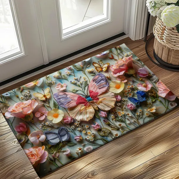 Embroidery Butterly Flowers Doormat Non-Slip Oil Proof Rug Indoor Outdoor Mat Bedroom Decor Bathroom Mat Entrance Rug Door Mat