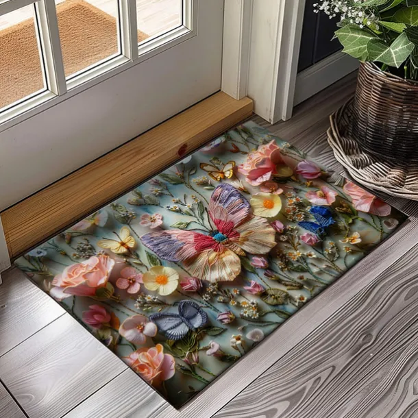 Embroidery Butterly Flowers Doormat Non-Slip Oil Proof Rug Indoor Outdoor Mat Bedroom Decor Bathroom Mat Entrance Rug Door Mat