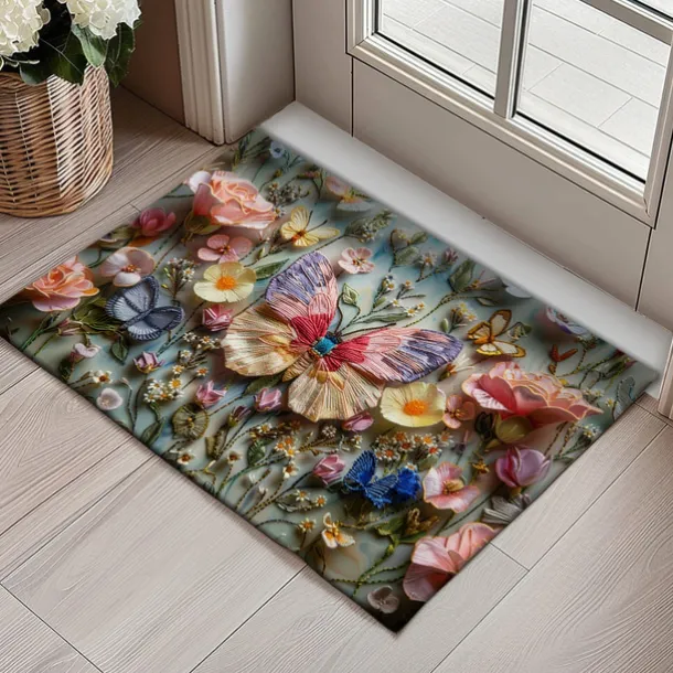 Embroidery Butterly Flowers Doormat Non-Slip Oil Proof Rug Indoor Outdoor Mat Bedroom Decor Bathroom Mat Entrance Rug Door Mat