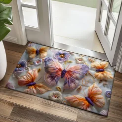 Embroidery Butterly Flowers Doormat Non-Slip Oil Proof Rug Indoor Outdoor Mat Bedroom Decor Bathroom Mat Entrance Rug Door Mat