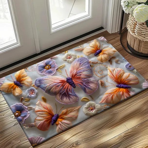 Embroidery Butterly Flowers Doormat Non-Slip Oil Proof Rug Indoor Outdoor Mat Bedroom Decor Bathroom Mat Entrance Rug Door Mat