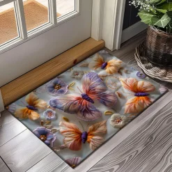 Embroidery Butterly Flowers Doormat Non-Slip Oil Proof Rug Indoor Outdoor Mat Bedroom Decor Bathroom Mat Entrance Rug Door Mat