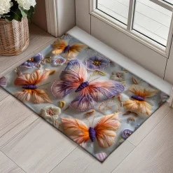 Embroidery Butterly Flowers Doormat Non-Slip Oil Proof Rug Indoor Outdoor Mat Bedroom Decor Bathroom Mat Entrance Rug Door Mat
