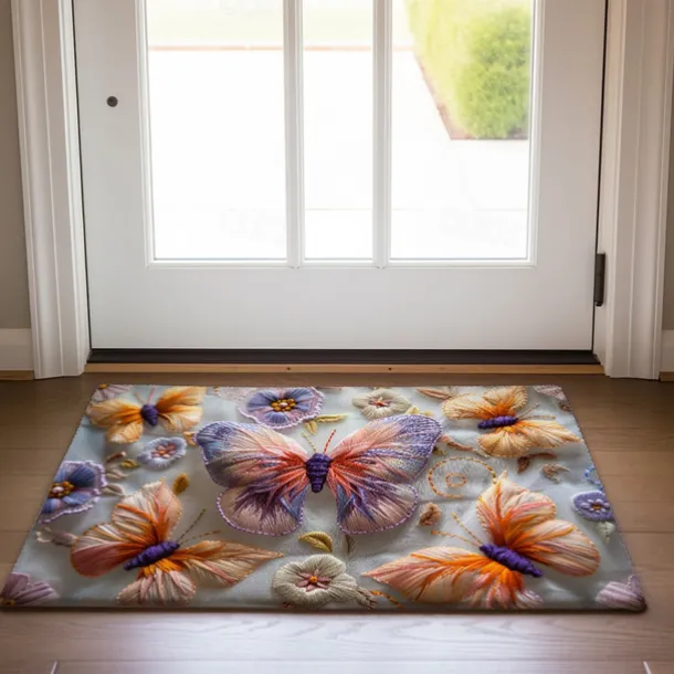 Embroidery Butterly Flowers Doormat Non-Slip Oil Proof Rug Indoor Outdoor Mat Bedroom Decor Bathroom Mat Entrance Rug Door Mat