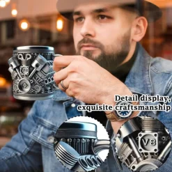 Engines Stainless Steel Mug, Creative Resin and Stainless Steel Coffee Cup, Unique Personality Drinkware, Stylish Whiskey Glass, Perfect Gift and Decorative Figurine for Home and Office