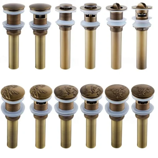 Engraved Antique Brass Pop Up Bathroom Sink Drain Strainer Stopper no Overflow Hole Kitchen Basin Sink Bottle Trap Drainer