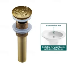 Engraved Antique Brass Pop Up Bathroom Sink Drain Strainer Stopper no Overflow Hole Kitchen Basin Sink Bottle Trap Drainer