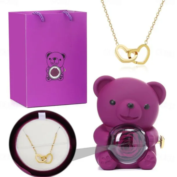 Eternal Rose Bear with Necklace,Valentines Day Gifts for Her Romantic Gift for Valentines Day, Wedding, Mothers Day and Anniversary