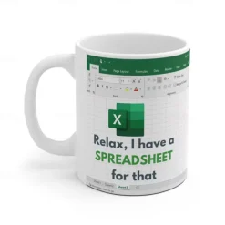 Excel Mug, Funny Office Ceramic Coffee Cup 330ml/12oz, Spreadsheet Themed White Collar Gift for Coworker, Analyst, Accountant, Boss, Work Desk Decor