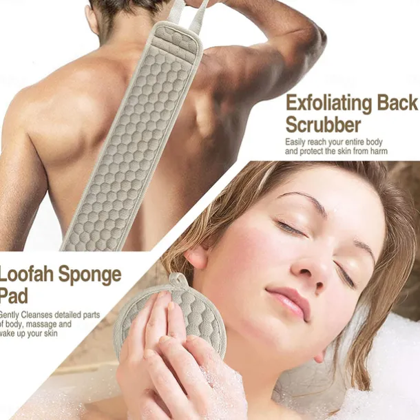 Exfoliating Back Scrubber & Exfoliating Sponge Pad Set for Shower, Bath Shower Scrubber for Men and Women, Luffa Scrubber to Deep Clean Relax Your Body (33 inch & 3.8 inch)