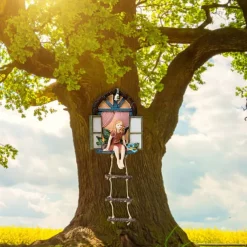 Fairy House Tree Hanging Figurine Window Sitting Fairy Ladder Resin Craft Statue Outdoor Ornament For Home Garden Yard Art Decor