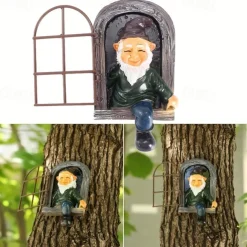 Fairy Tale Playful Goblin Garden Resin Decoration Statue Decoration, Garden Weatherproof Garden Statue, Tree Window Resin Garden Statuette Garden Decoration