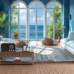 Fake Window Ocean View Hanging Tapestry Wall Art Large Tapestry Mural Decor Photograph Backdrop Blanket Curtain Home Bedroom Living Room Decoration