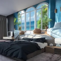 Fake Window Ocean View Hanging Tapestry Wall Art Large Tapestry Mural Decor Photograph Backdrop Blanket Curtain Home Bedroom Living Room Decoration