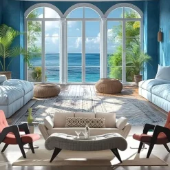 Fake Window Ocean View Hanging Tapestry Wall Art Large Tapestry Mural Decor Photograph Backdrop Blanket Curtain Home Bedroom Living Room Decoration