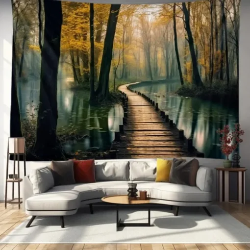 Fall Forest Pathway Hanging Tapestry Wall Art Large Tapestry Mural Decor Photograph Backdrop Blanket Curtain Home Bedroom Living Room Decoration