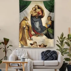 Famous Painting Hanging Tapestry Wall Art Large Tapestry Mural Decor Photograph Backdrop Blanket Curtain Home Bedroom Living Room Decoration Sistine Madonna