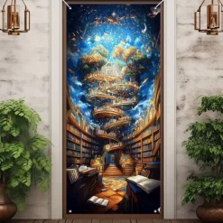 Fantasy Bookshelves Door Decorations Door Covers Door Tapestry Door Curtain Decoration Backdrop Indoor/Outdoor Door Banner for Front Door Farmhouse