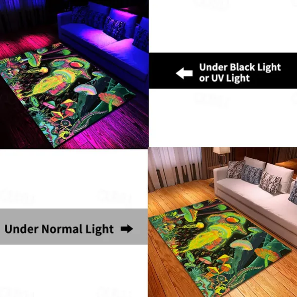 Fantasy Mushroom Blacklight Rug Carpet Floor Mat UV Reactive Glow in the Dark Rug Large Non-Slip Rug Mat Carpet for Room Decor