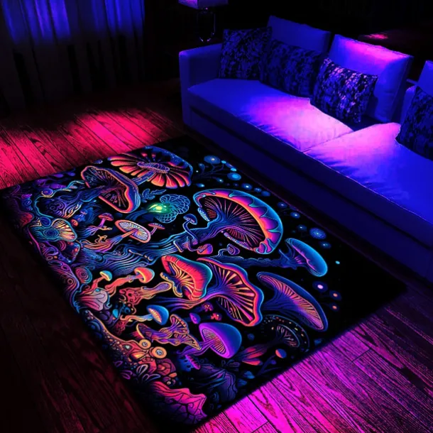 Fantasy Mushroom Blacklight Rug Carpet Floor Mat UV Reactive Glow in the Dark Rug Large Non-Slip Rug Mat Carpet for Room Decor