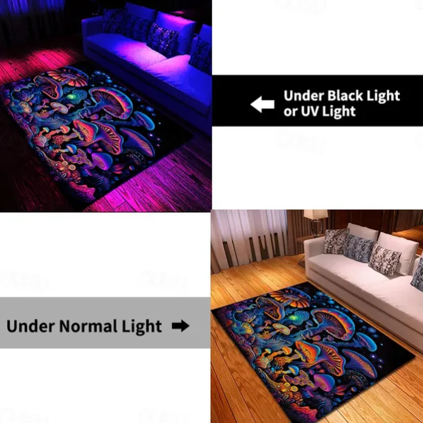 Fantasy Mushroom Blacklight Rug Carpet Floor Mat UV Reactive Glow in the Dark Rug Large Non-Slip Rug Mat Carpet for Room Decor