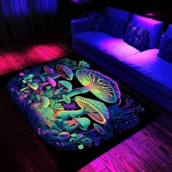 Fantasy Mushroom Blacklight Rug Carpet Floor Mat UV Reactive Glow in the Dark Rug Large Non-Slip Rug Mat Carpet for Room Decor