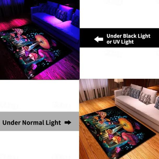 Fantasy Mushroom Blacklight Rug Carpet Floor Mat UV Reactive Glow in the Dark Rug Large Non-Slip Rug Mat Carpet for Room Decor
