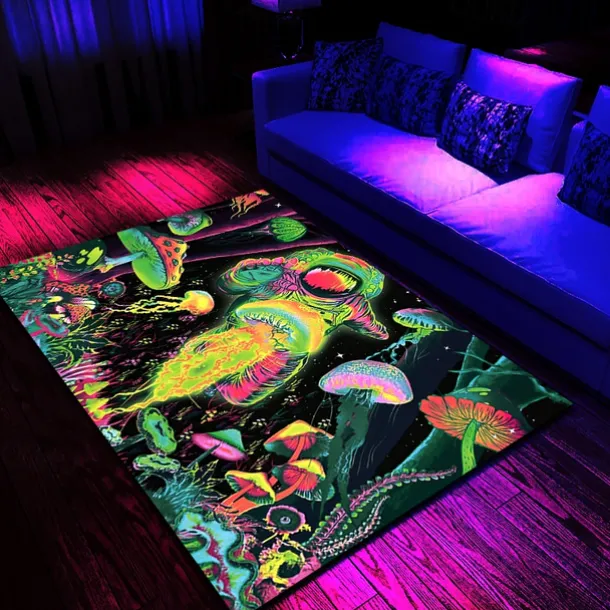 Fantasy Mushroom Blacklight Rug Carpet Floor Mat UV Reactive Glow in the Dark Rug Large Non-Slip Rug Mat Carpet for Room Decor