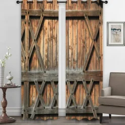 Farmhouse Curtain 2 Panels，Barn Wood Door Curtain Drapes For Living Room Bedroom,Grommet/Eyelet Curtain for Kitchen Door Window Treatments Room Darkening