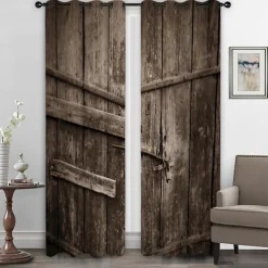Farmhouse Curtain 2 Panels，Barn Wood Door Curtain Drapes For Living Room Bedroom,Grommet/Eyelet Curtain for Kitchen Door Window Treatments Room Darkening