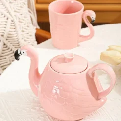 Flamingo Teapot - Ceramic Flower Pot for Tea, Coffee, and Water - White Bone China Gift for Tea Tasting and Gifting