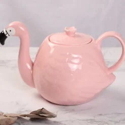 Flamingo Teapot - Ceramic Flower Pot for Tea, Coffee, and Water - White Bone China Gift for Tea Tasting and Gifting