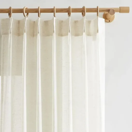 Flax Cotton Linen Pinch Pleated Sheer Curtains Long Vintage French Window Panel Drapes with Back Tab for Farmhouse Living Room Bedroom, Natural 1 Panel