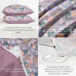 Floral Duvet Cover Full Size Bedding Set Cotton Bed Sets Quilt Cover Soft Lightweight Comforter Cover with 2 Pillowcases for Summer Spring Violet Purple