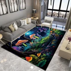 Floral Mushrooms Floor Mat Rug Area Rug Black Carpet Illusion Flannel Rugs Ultra Soft Non-Slip Rug for Room Deco