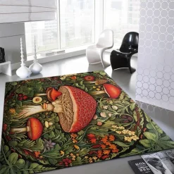 Floral Mushrooms Floor Mat Rug Area Rug Black Carpet Illusion Flannel Rugs Ultra Soft Non-Slip Rug for Room Deco