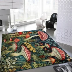 Floral Mushrooms Floor Mat Rug Area Rug Black Carpet Illusion Flannel Rugs Ultra Soft Non-Slip Rug for Room Deco