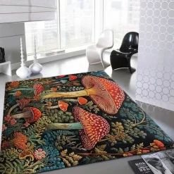 Floral Mushrooms Floor Mat Rug Area Rug Black Carpet Illusion Flannel Rugs Ultra Soft Non-Slip Rug for Room Deco