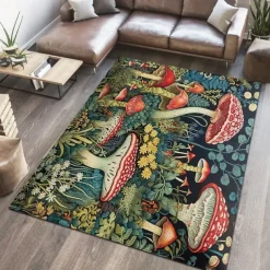 Floral Mushrooms Floor Mat Rug Area Rug Black Carpet Illusion Flannel Rugs Ultra Soft Non-Slip Rug for Room Deco