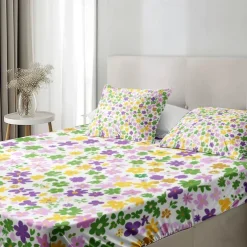 Floral Spring Fitted Sheet Set Ultra Soft Breathable 100% Cotton Silky Bed Sheets Deep Pocket Bedding Sheets 3 Piece Queen King Size